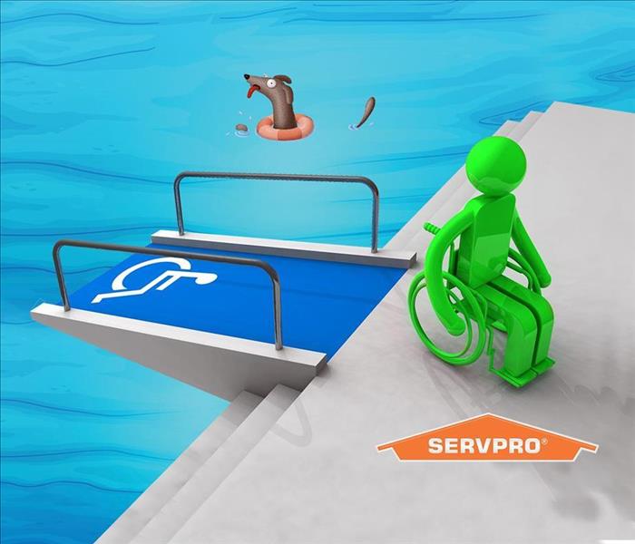 cartoon person in a wheelchair near a pool