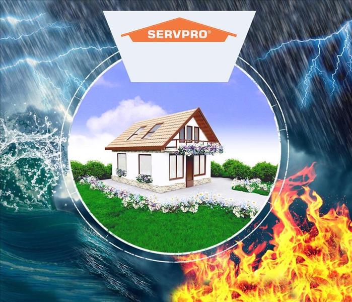 home surrounded by fire, water and storm